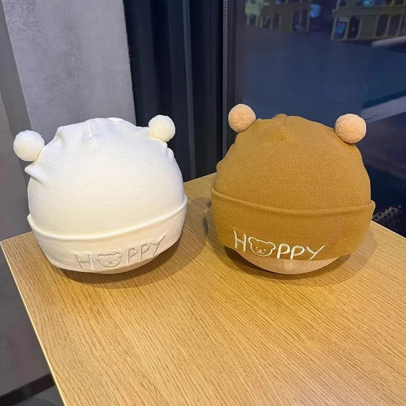 Cute Newborn Fetal Hat Soft Cotton Infant Boy Girls Cartoon Letter Bear Cap Solid Color Spring Autumn Warm Beanie