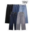 TRAF Women's Basic Hundred Jeans New Fashion Asymmetric Design High Waist Wide Leg Trousers Casual Women's Straight Leg Jeans