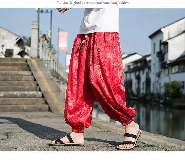 FGKKS 2023 Outdoor Brand Pants For Men Lce Silk Dragon Dark Flower Loose Bloomers High Quality Wide Leg Casual Trousers Male
