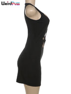 Weird Puss Hollow Flower Dress Sexy Chic Circle Devise Summer Trend Skinny Elastic Stretch Sleeveless Peach Hip Bodycon Clubwear