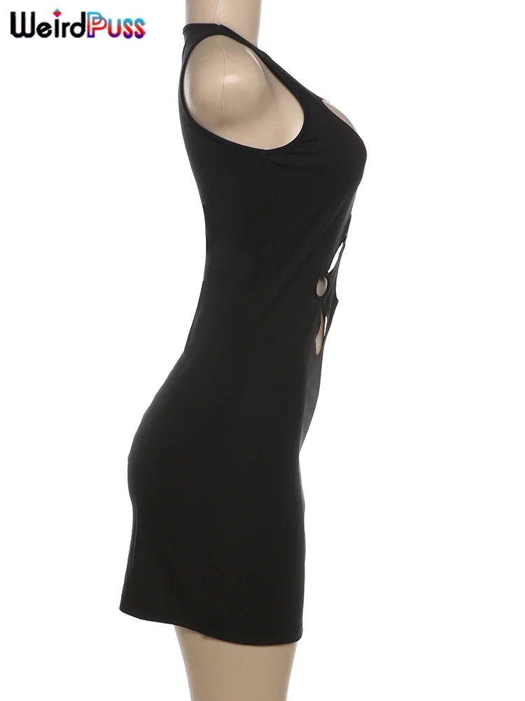 Weird Puss Hollow Flower Dress Sexy Chic Circle Devise Summer Trend Skinny Elastic Stretch Sleeveless Peach Hip Bodycon Clubwear