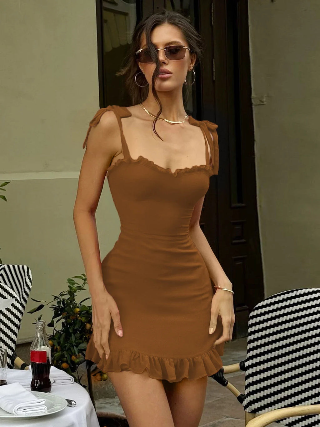 Hugcitar 2024 Elegant Solid Slips Ruffles Backless Bandage Patchwork Sexy Slim Mini Dress Women Outfits Birthday Party Vacation