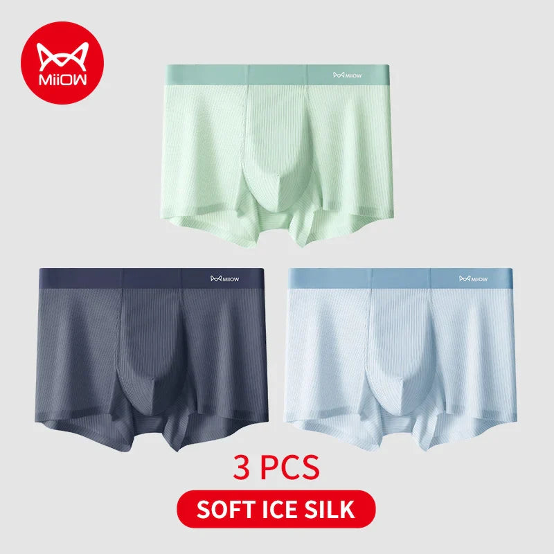 MiiOW 3Pcs Soft Ice Silk Men Boxer Underwear Men's Panties Summer Breathable Striped Underpants Male Antibacterial Boxers Trunks
