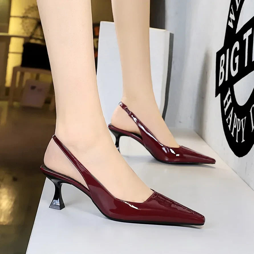 Women 6cm High Heels Retro Streetwear Catwalk Sandles Lady Daily Work Slingback Strap Elastic Mid Heels Glossy Leather Sandals