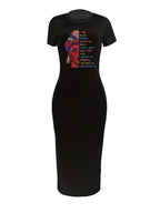 Summer women's casual fashion pattern print sexy slim fit round neck short sleeved dress street wear party clothing