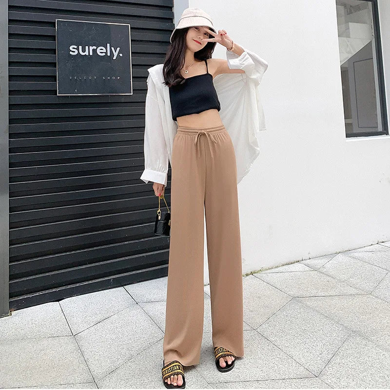 Ice Silk Wide-Leg Pants Women Cool Sweatpants Summer Thin Pleat Loose Straight Pants Office Lady Casual Drawstring Long Trousers