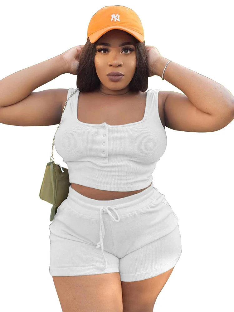 Curve Plus Size Women 2piece Sets Solid Color Ribbed Knit Outfits Summer Casual Sexy Shorts T-shirt Set Wholesale Dropshipping