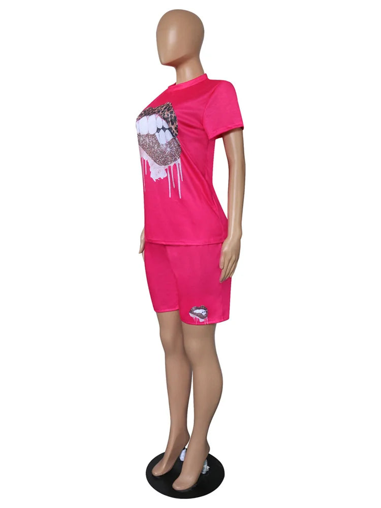 Wmstar Plus Size Two Piece Outfits for Women Tracksuit Shorts Sets  Lip Print Top Casual New In Matching Wholesale Dropshipping