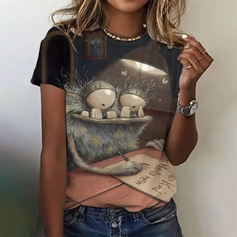 Fashion Woman Funny Cat Print T-Shirts Summer Crew Neck Personalized Graphic T-Shirts Comfort Short Sleeve Tee Woman Clothing