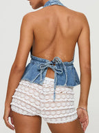 Combhasaki Women's Y2K Summer Halter Neck Crop Tops Bow Tie-up Sleeveless Deep V-Neck Backless Solid Color Denim Flare Vest