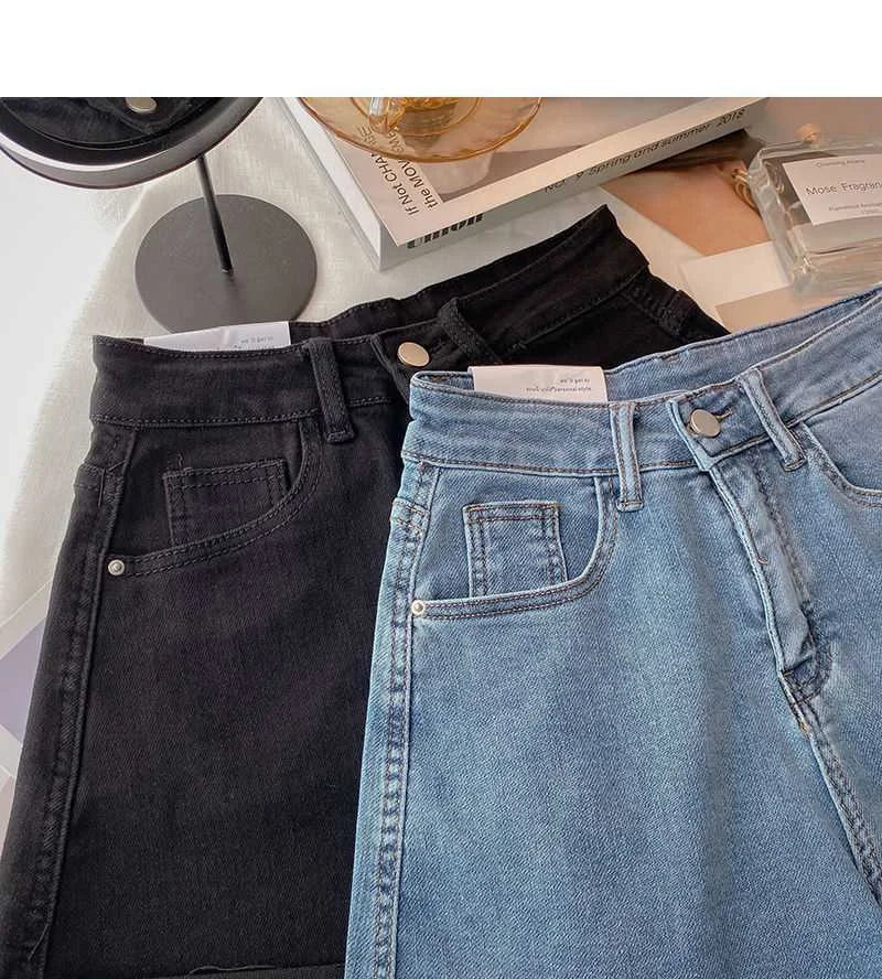 High-waisted Plus-size Women Jeans Student Casual Versatile Trendy A- line Hot Pants Cotton Material Straight Cylinder Style