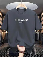 Summer men's 100% pure cotton casual loose and fashionable MILANO ITALY letter printed round neck short sleeved T-shirt top