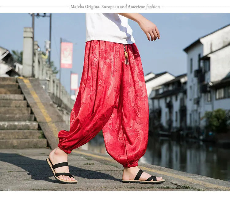 FGKKS 2023 Outdoor Brand Pants For Men Lce Silk Dragon Dark Flower Loose Bloomers High Quality Wide Leg Casual Trousers Male