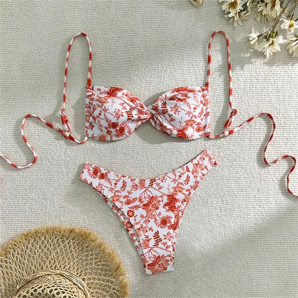 Vintage Floral Bikini Swimwear Y2K Sling Swimsuit String Backless Beach Outfits Bathing Suits Women Biquinis Femininos Sexys Set