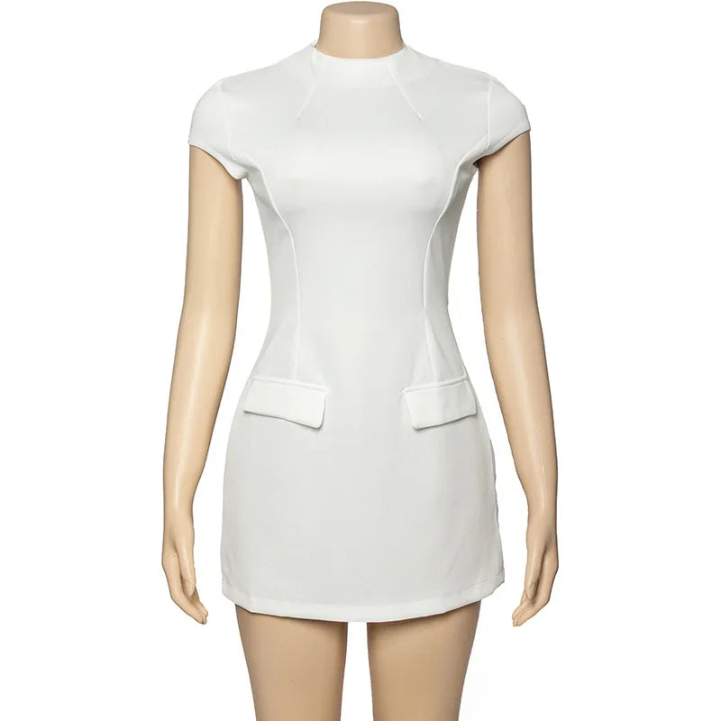 Elegant 2025 New Mini Dresses Fashion Women Black Solid Basic Pocket O-Neck Slim Fit Bodycon Casual High Waist Zipper Vestidos