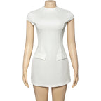 Elegant 2025 New Mini Dresses Fashion Women Black Solid Basic Pocket O-Neck Slim Fit Bodycon Casual High Waist Zipper Vestidos