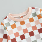 FOCUSNORM 0-3Y Autumn Baby Boys Girls Clothes Sets 2pcs Long Sleeve Checkerboard Plaid Print Sweatshirt Pants