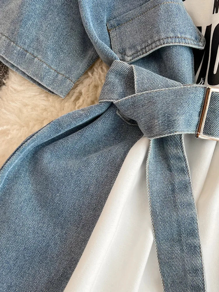 XFPV 2025 Summer Fashion Short Sleeve Round Neck High Waistband Slim A-line Denim Printed Patchwork Dress For Women SM11498