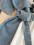 XFPV 2025 Summer Fashion Short Sleeve Round Neck High Waistband Slim A-line Denim Printed Patchwork Dress For Women SM11498