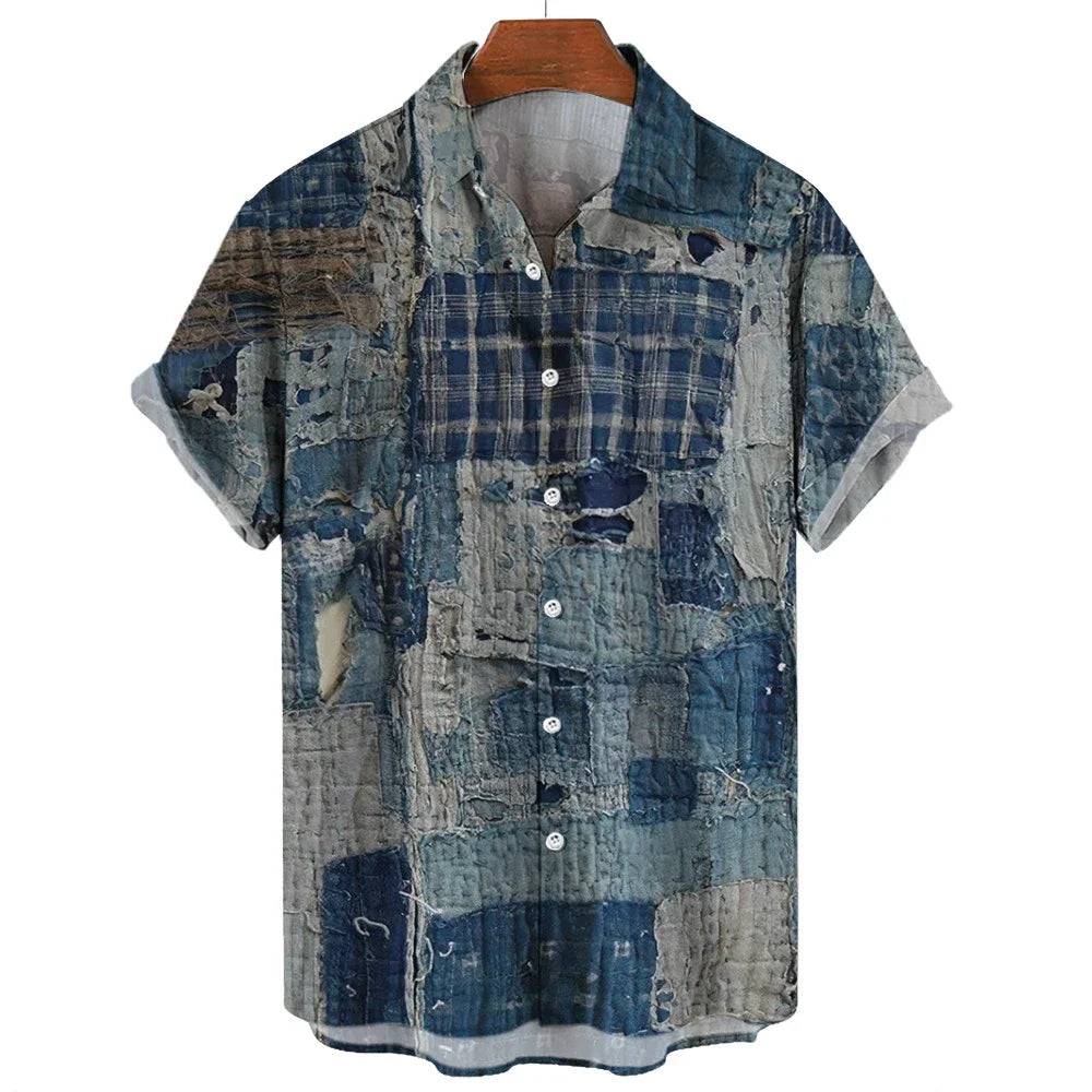Fashion Patchwork Design Printed Pattern Men Women Short Sleeve Shirts Fashion Tops Casual Button Down Shirt Tops