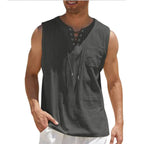 Men's Casual Shirts Leeveless Vest Bandage Lace Up Blouse Retro V Neck Fashion Loose Shirt Male Solid Color Clothes