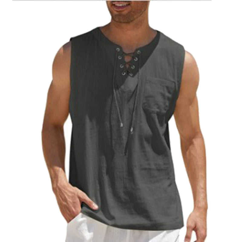 Men's Casual Shirts Leeveless Vest Bandage Lace Up Blouse Retro V Neck Fashion Loose Shirt Male Solid Color Clothes