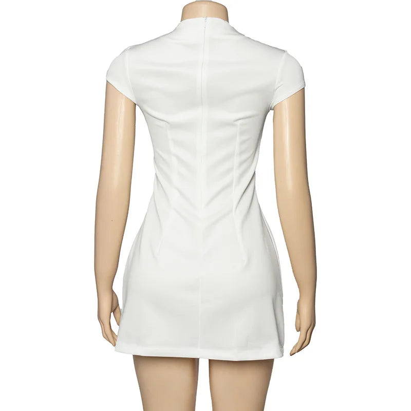 Elegant 2025 New Mini Dresses Fashion Women Black Solid Basic Pocket O-Neck Slim Fit Bodycon Casual High Waist Zipper Vestidos