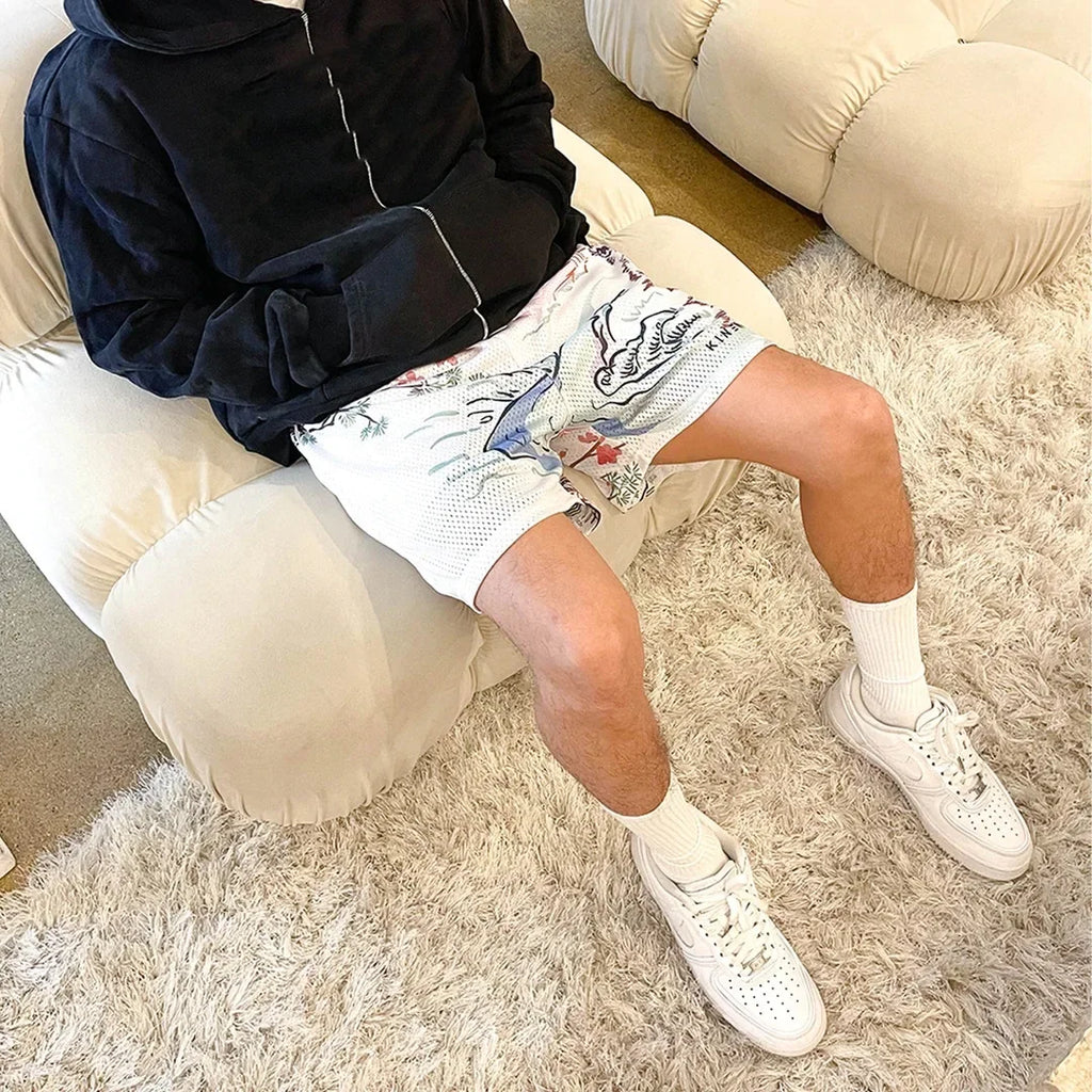 Summer New men short pant Rose Design Casual Shorts Street Hip Hop Fitness Polyester Fast Dry Breathable Embroidery Men Shorts