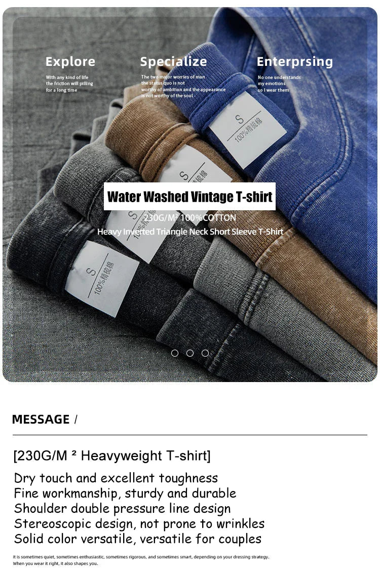 Couple Washed Retro 230g Heavy Duty Cotton Short Sleeved T-shirts Versatile For Men Women Summer Solid Color Loose T-shirt Top