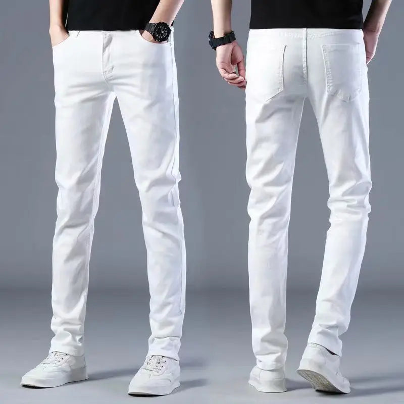 Korean Popular Clothes Men's Spring Autumn High-end Pure White Jeans Men's Brand Slim Elastic Small Feet Korean Trendy Trousers