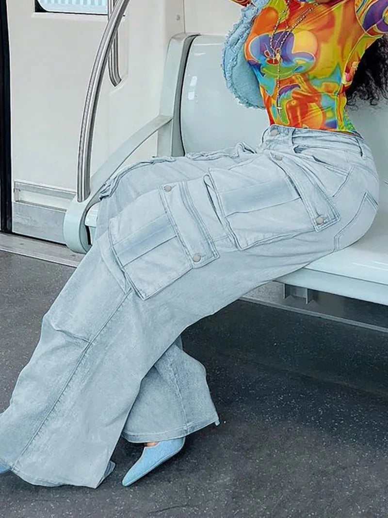 Women Harajuku Y2K Streetwear Jeans American Style Retro Multi-Pocket Straight Cargo Pants Trend Mid-waist Casual Blue Trousers