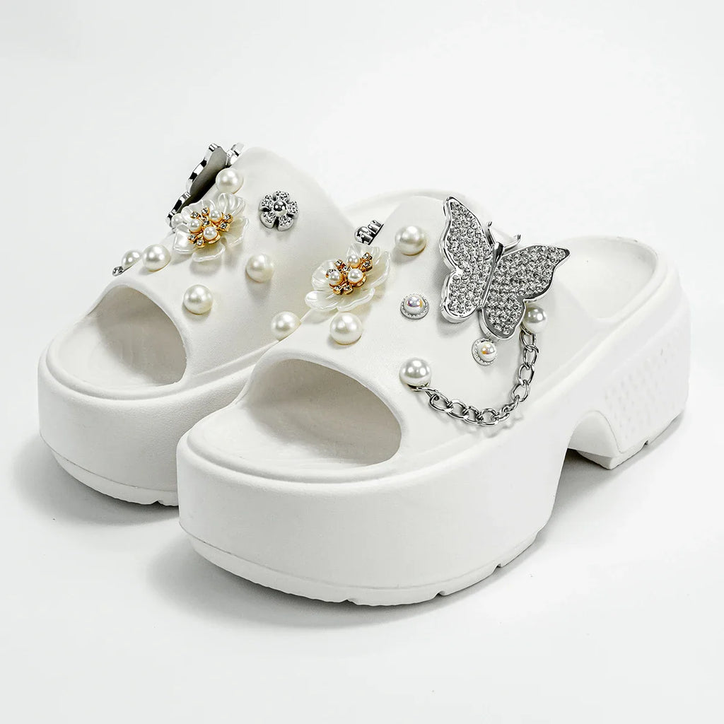 Fashionable Silver Butterfly Flower One-Line Sandals Outdoor Thick-Soled Heightening Sandals E20