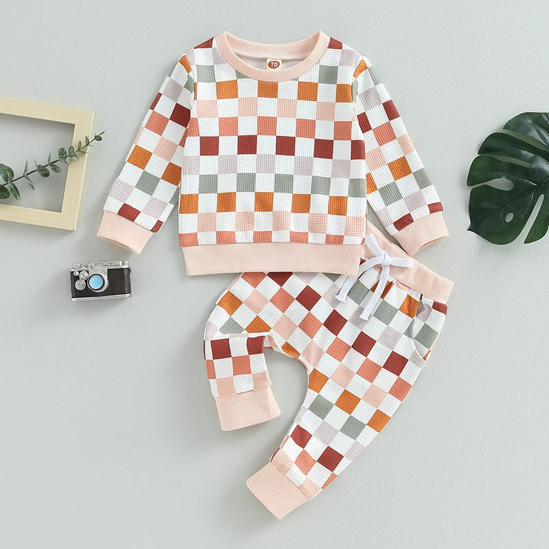 FOCUSNORM 0-3Y Autumn Baby Boys Girls Clothes Sets 2pcs Long Sleeve Checkerboard Plaid Print Sweatshirt Pants