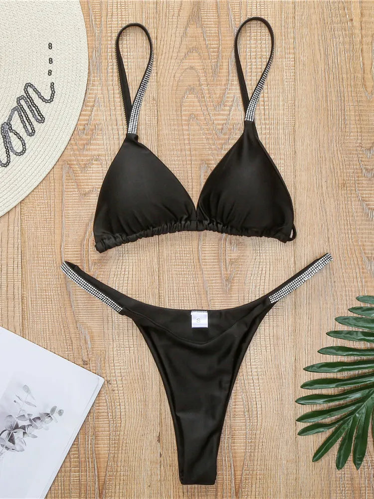 Diamond Swimwear Women 2024 Sexy Pink Micro Bikini Brazilian Black Rhinestone Thong Swimsuits Beach Push Up Bathing Suit Biquini