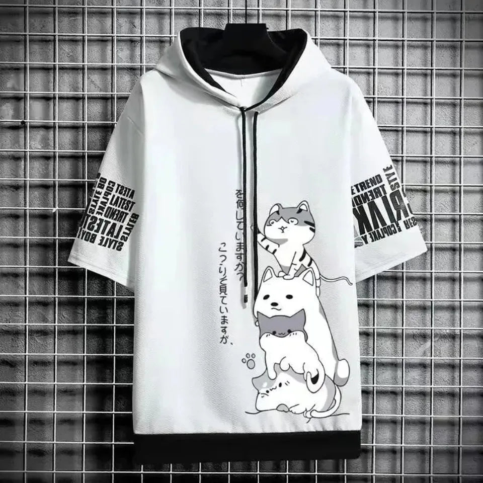 Summer T shirt Men's Hoodies Men Clothing Casual Harajuku Streetwear Print Hooded Top Short Sleeve Sweatshirts Men