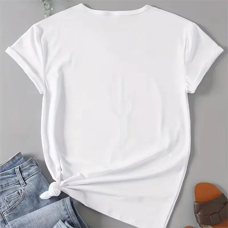 Women's White Round Neck Short Sleeve Summer Comfortable Cotton T-shirt, Casual Cherry Printed T-Shirt, Suitable for Summer