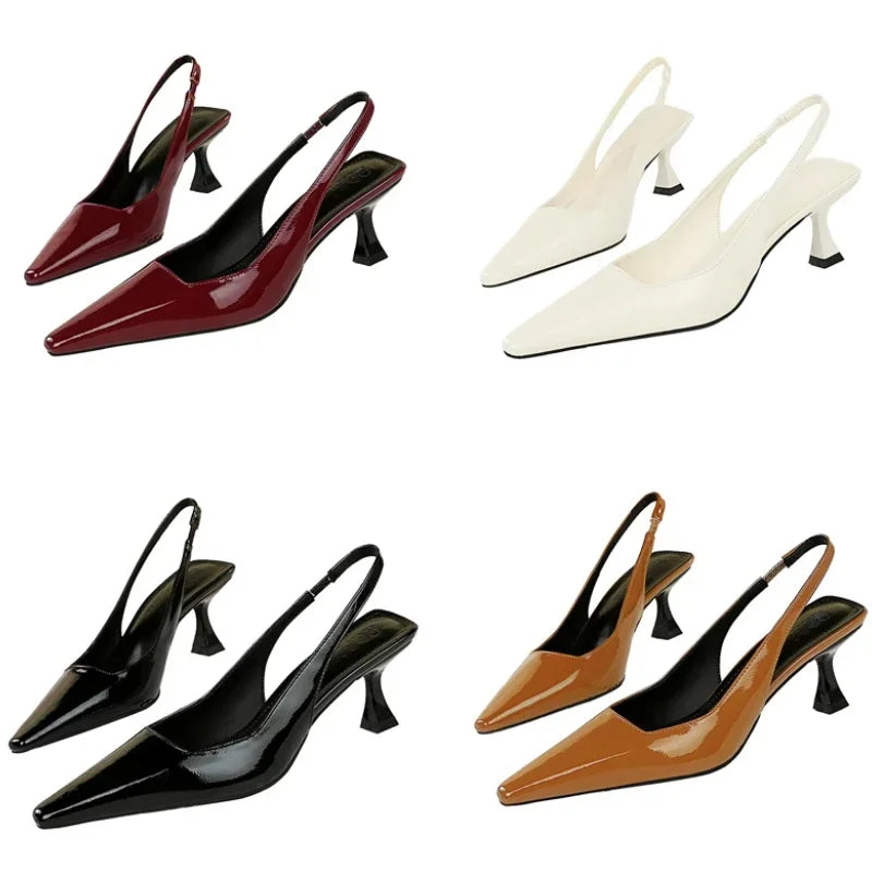 Women 6cm High Heels Retro Streetwear Catwalk Sandles Lady Daily Work Slingback Strap Elastic Mid Heels Glossy Leather Sandals