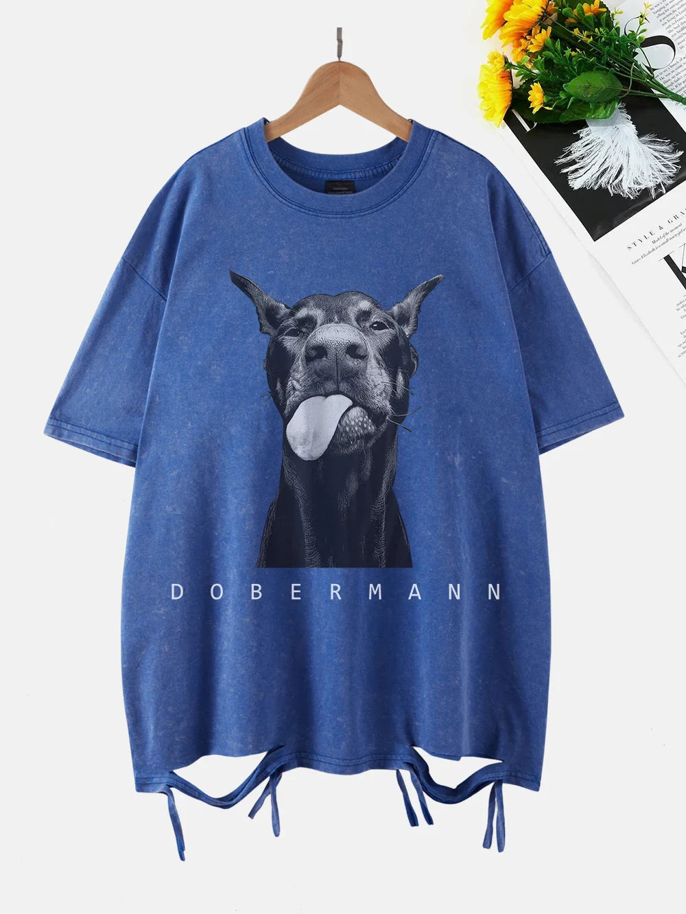 Fashion Creativity Doberman Prints Washed T-Shirt Women Cottontops Distressed O-Neck Oversize T Shirts Vintage Woman Clothes