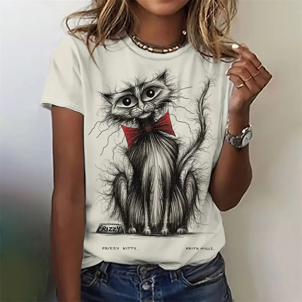 Fashion Woman Funny Cat Print T-Shirts Summer Crew Neck Personalized Graphic T-Shirts Comfort Short Sleeve Tee Woman Clothing