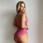 Women Sexy Slim Plaid Two Pieces Swimsuit High Waisted Bikini Swimwear 2024 Bikini Sets Size S-3XL Rose Red/Black/Blue/Sky Blue