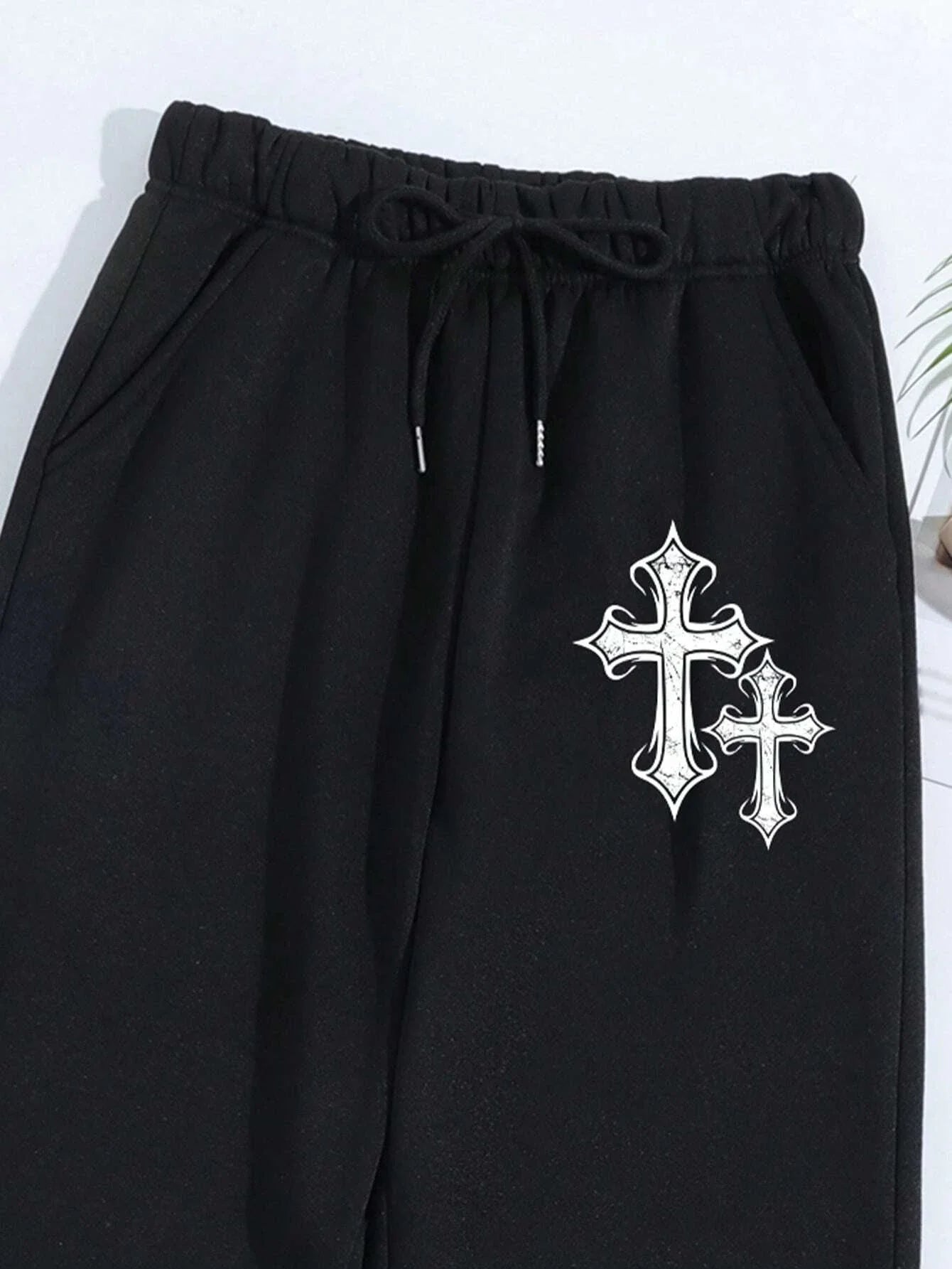 Crucifixion Printing Women'S Autumn Casual Basic Pants Versatile Pocket Drawstring Fashion Trousers Trendy Street Pant Female