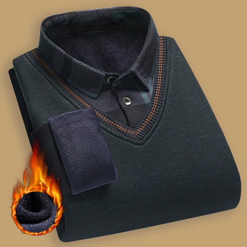 Men's Autumn Winter Sweater Pullover Polo Shirt Collar Fleece Thick Warm Top Clothes Business Casual Jumpers