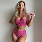 Women Sexy Slim Plaid Two Pieces Swimsuit High Waisted Bikini Swimwear 2024 Bikini Sets Size S-3XL Rose Red/Black/Blue/Sky Blue