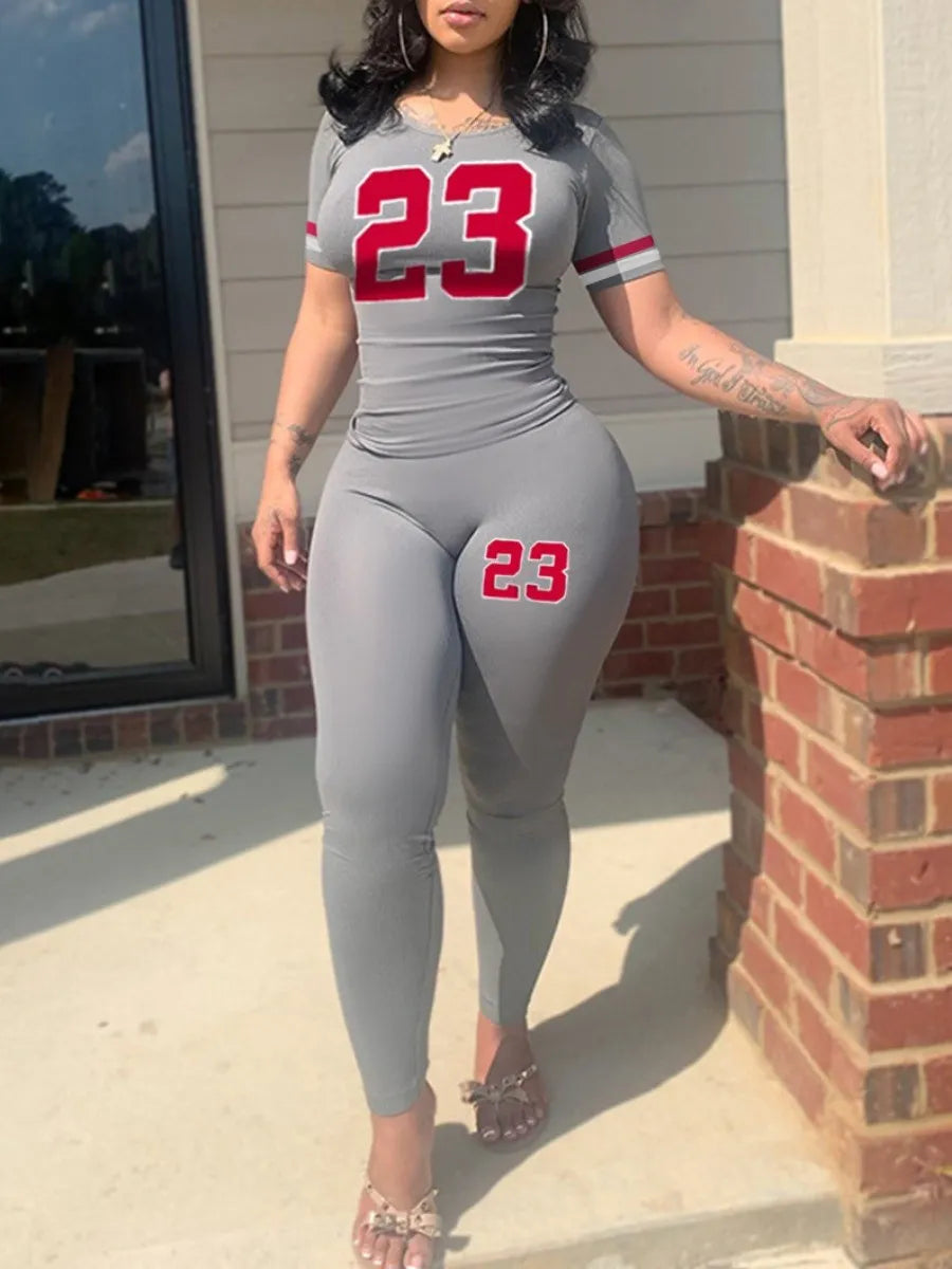 LW Plus Size Letter Print Pocket Design Pants Set Pullover Short Sleeve O Neck Top&Sheath Elastic Waist Trousers Fitness 2pc