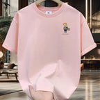 Men's 100% pure cotton summer loose size cartoon pattern printed casual and comfortable round neck short sleeved T-shirt top