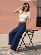 TACVASEN High Waisted Fashion Wide Leg Trousers Womens Loose Casual Long Pants Lightweight Soft Button Closure 2 Pockets Pants