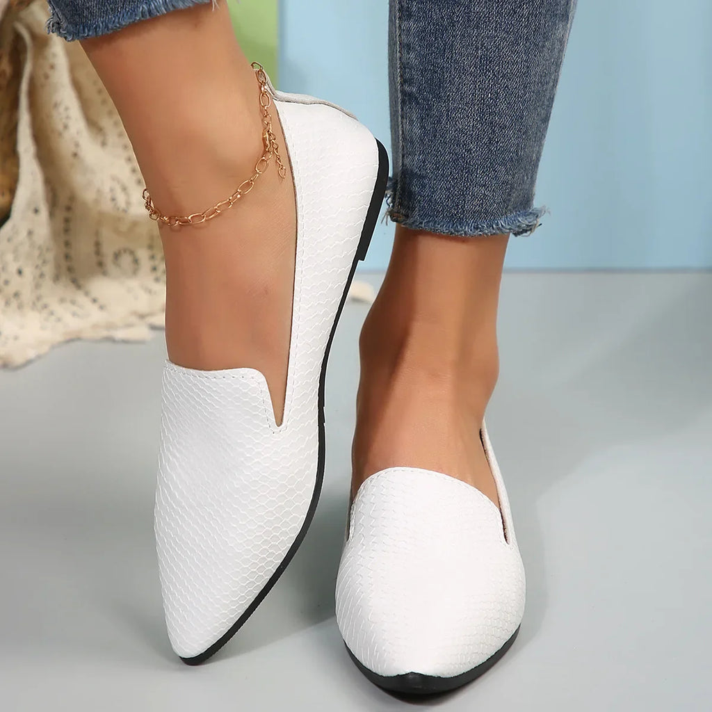 Women's Shoes PU Leather Loafers Ballet Flats Pointed Toe Barefoot Slip-on Casual Low Heel Fashion Stone Pattern Woman Flat Shoe