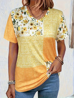 T-shirt women's summer casual elegant simple V-neck short-sleeved floral plaid top loose casual wear ladies T-shirt