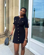 Elegant Women's Knitted Short Sleeve Dress Single Breasted High Waist Button Mini Curvy Dresse Knitwears White Black Summer 2025