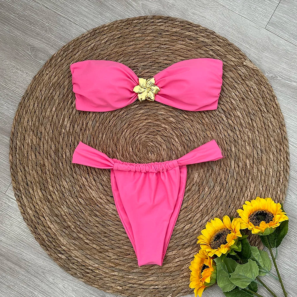 Bandeau Bikini Push Up Women Swimsuits 2025 Sexy Female Swimwear Brazilian Bikini Set Thong Biquini Swim Suits Solid Beachwear